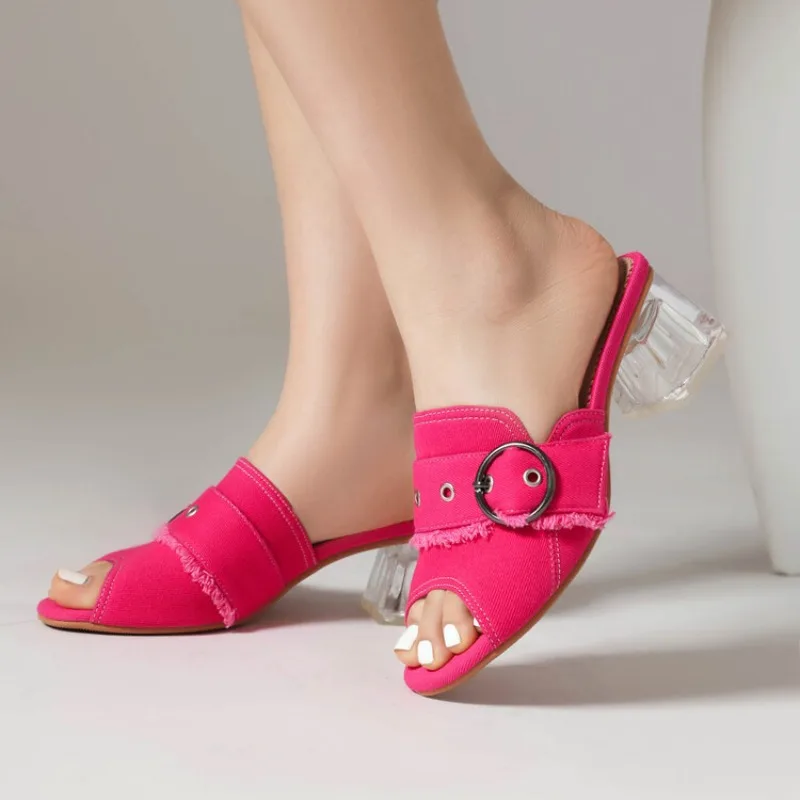 

Denim Crystal Heel Fish Mouth Cool Slippers 2024 New Raw Edge Round Buckle Thick Heel Middle Heel Kick Plus Size43