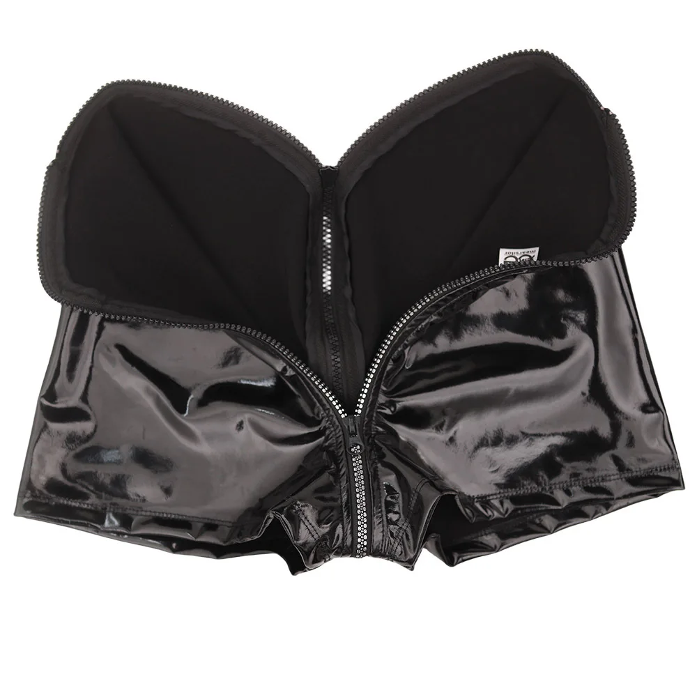 セクシーな女性ジッパーオープンクロッチホットショート PVC ラテックスオイル光沢のある光沢のあるショート PVC PU フェイクレザーエキゾチックショートメイドダンスウェア