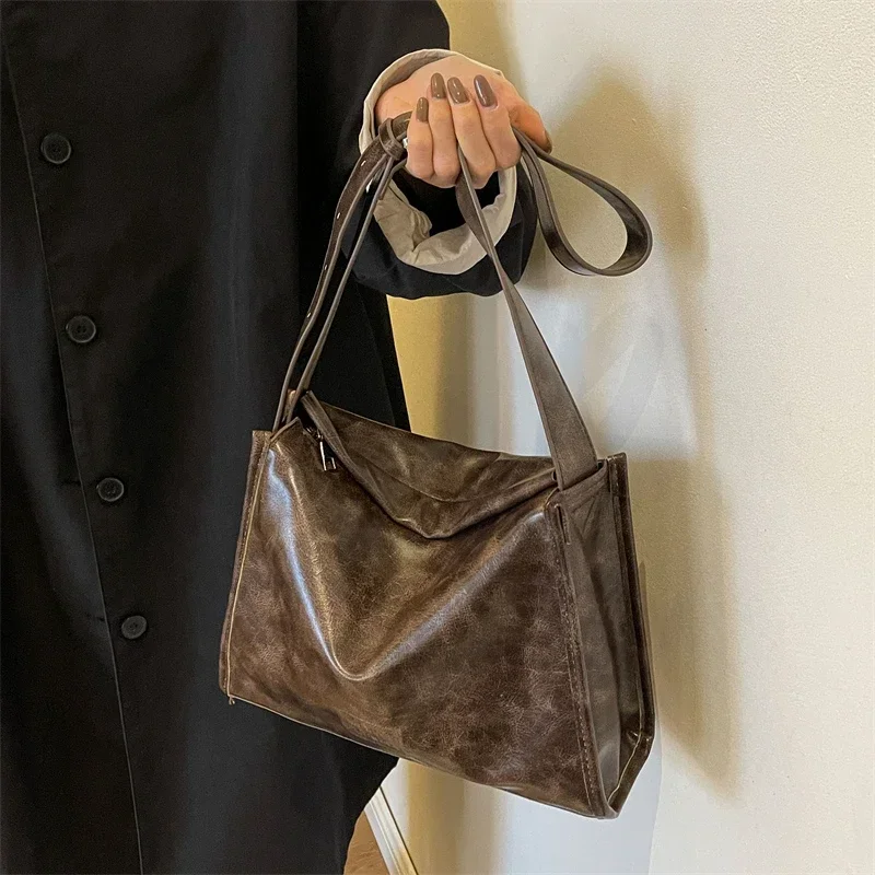 Bolso de mano de Pu de gran capacidad con cremallera para mujer, bolsa de mano informal con compartimento Interior sólido, hilo de coser, gran oferta, 2024