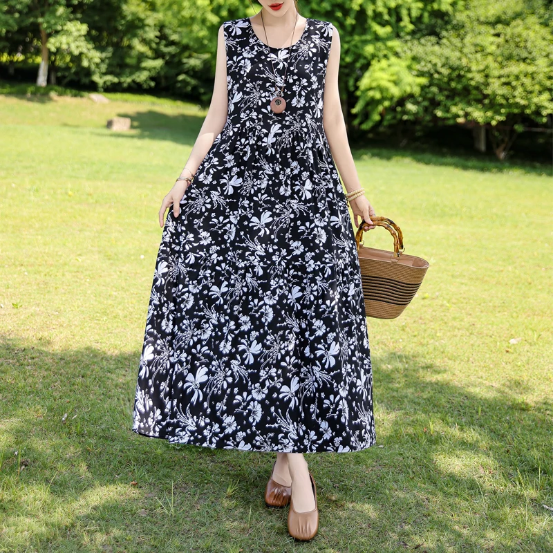 Vintage Floral Print Maxi Dress Women Boho  Sleeveless Long Sashes Dress plus size Casual Shirt Dresses Robe