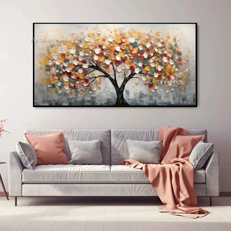 Simple Artwork Large Black Golden Yellow Tree Landscape Artwork New Hand Drawn Red Blue Tree Abstract Oil Painting Decor