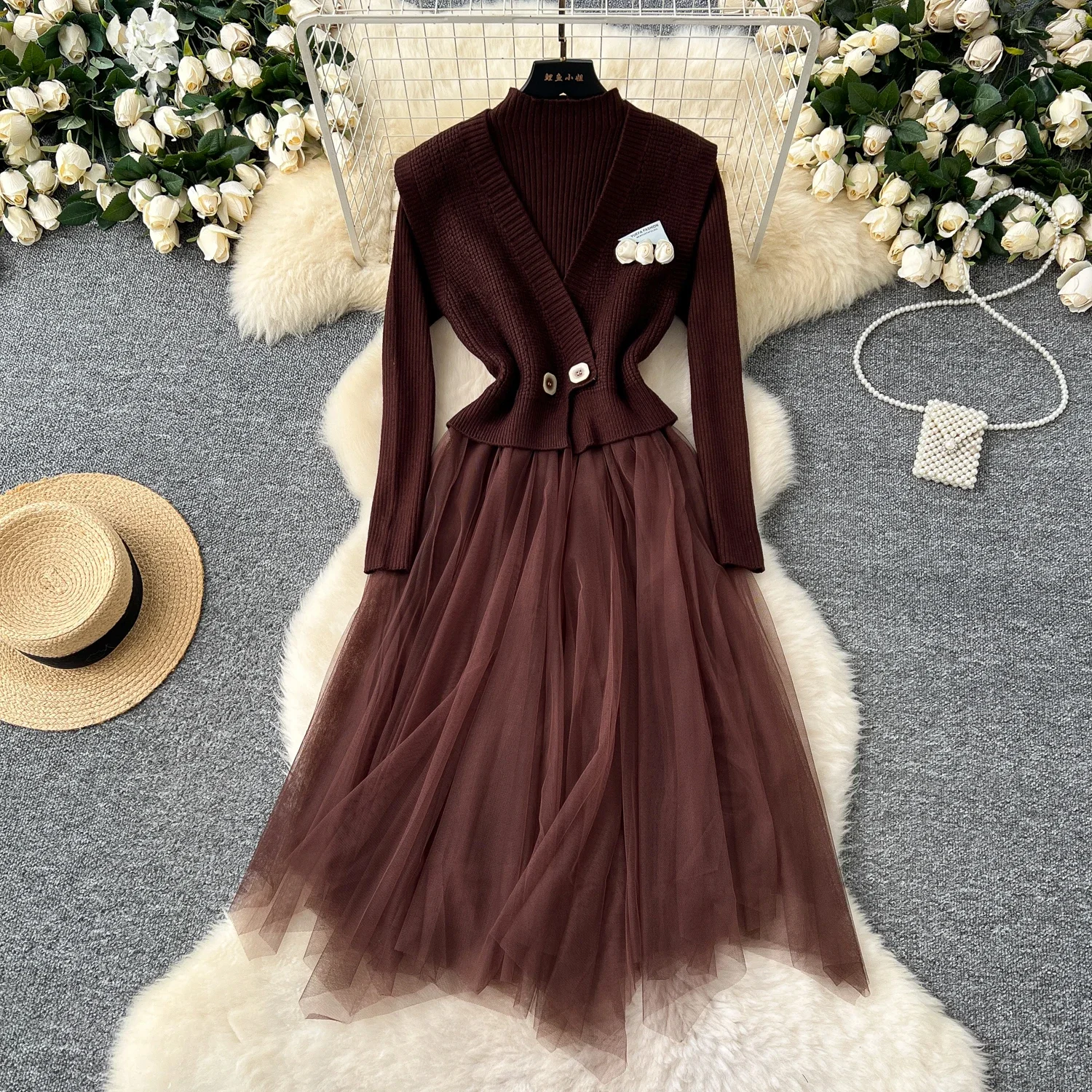 Chic Women Two-Piece Sets Floral Knit Vest and Half High Collar Long Sleeve Spliced Mesh Dresses French Autumn Winter Clothing