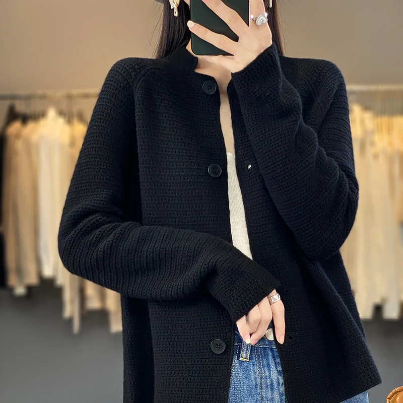 100% Cashmere Women Sweater Autumn Spring New Standing Collar Hollow-out Cardigan Fashion Casual Knitted Soft Jacket Tops