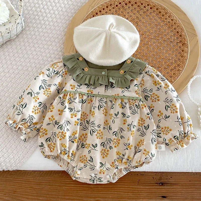 

Новинка 2023 года, осенний комбинезон для маленьких девочек, хлопковый комбинезон с длинными рукавами и принтом, боди для новорожденных девочек, детская одежда для детей 0-24 месяцев