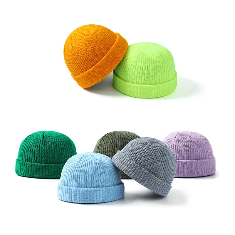 Men Women Short Knit Beanie Hat with Leather Patch Label Ribbed Cuffed Fisherman Beanie Autumn Winter Warm Casual Skull Caps