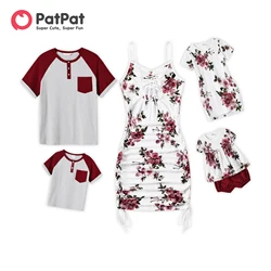 PatPat Family Matching Cotton Colorblock Raglan Sleeve T-shirts and Allover Floral Print Drawstring Ruched Bodycon Dresses Sets