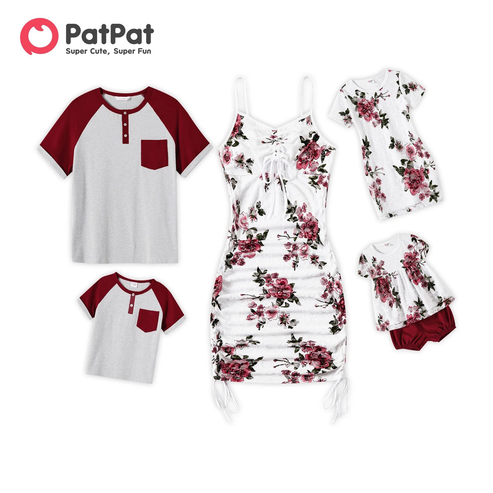 PatPat Family Matching Cotton Colorblock Raglan Sleeve T-shirts and Allover Floral Print Drawstring Ruched Bodycon Dresses Sets