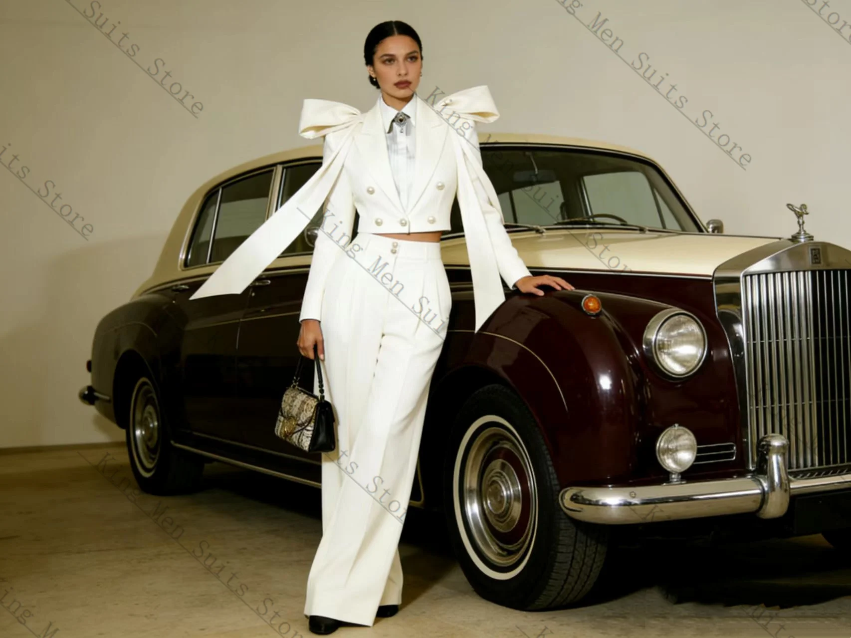 

Spring White Women Suit Set 2 Pcs Short Blazer+Pants Trousers Cotton Customized Formal Office Wedding Tuxedos Coat Prom Jacket