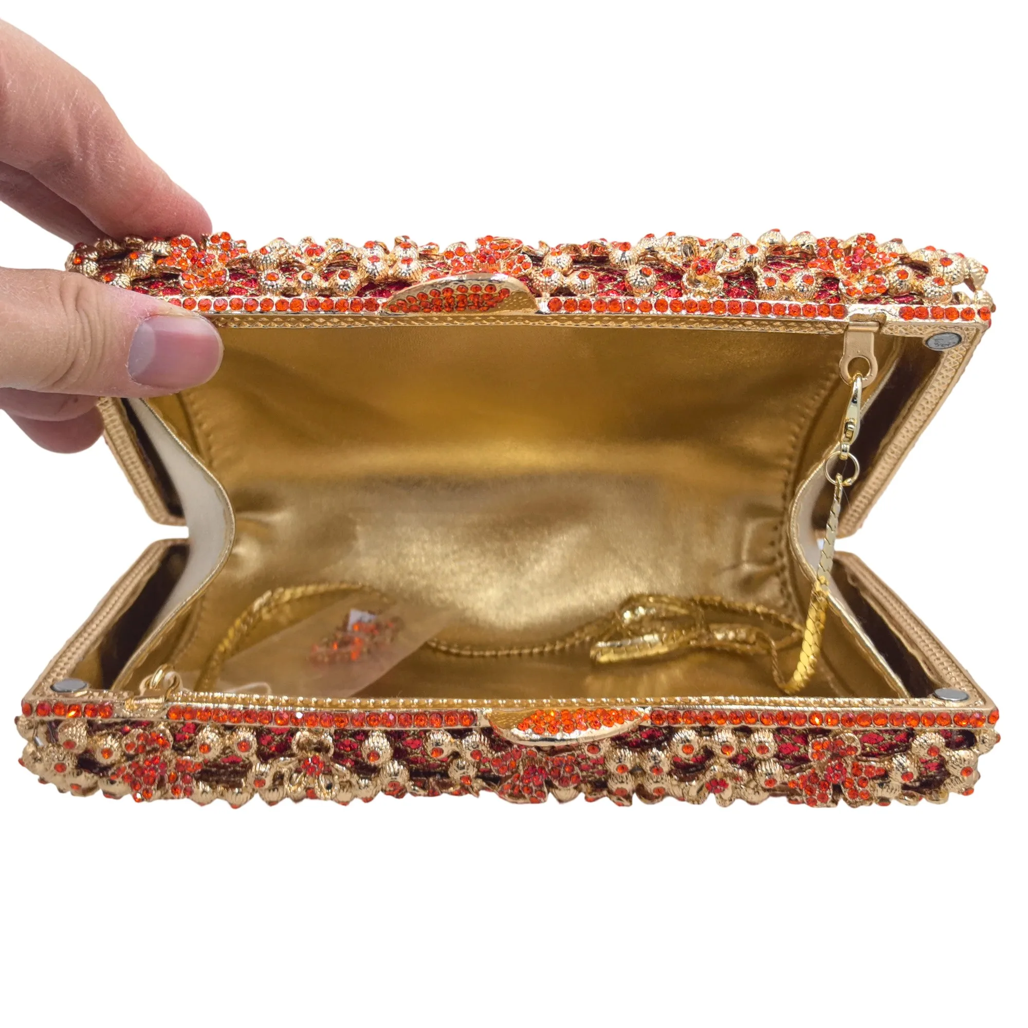 Boutique de FGG Fuchsia Strass-Clutch-Taschen für Damen, formelle Kristall-Clutch-Tasche für Hochzeiten, Abendhandtaschen aus Metall – Detail 12