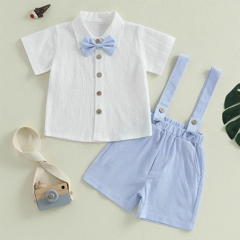 Baby Boy Gentleman Outfit Solid Color Short Sleeve Lapel Shirt with Plaid Print Suspender Shorts and Bow Tie 3 Pcs Set