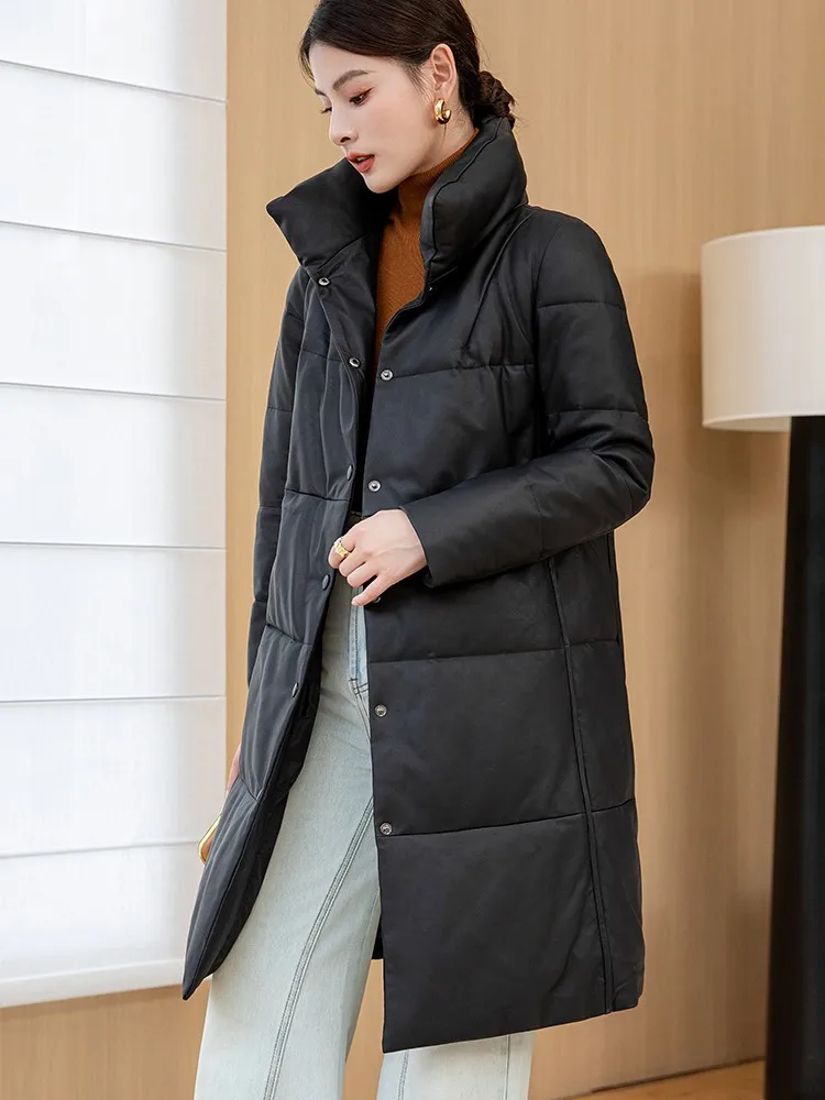 معطف شتوي دافئ بياقة واقفة للنساء من الجلد الطبيعي معطف واحد الصدر فضفاض مناسب جديد غير رسمي متوسط الطول من جلد الغنم #5