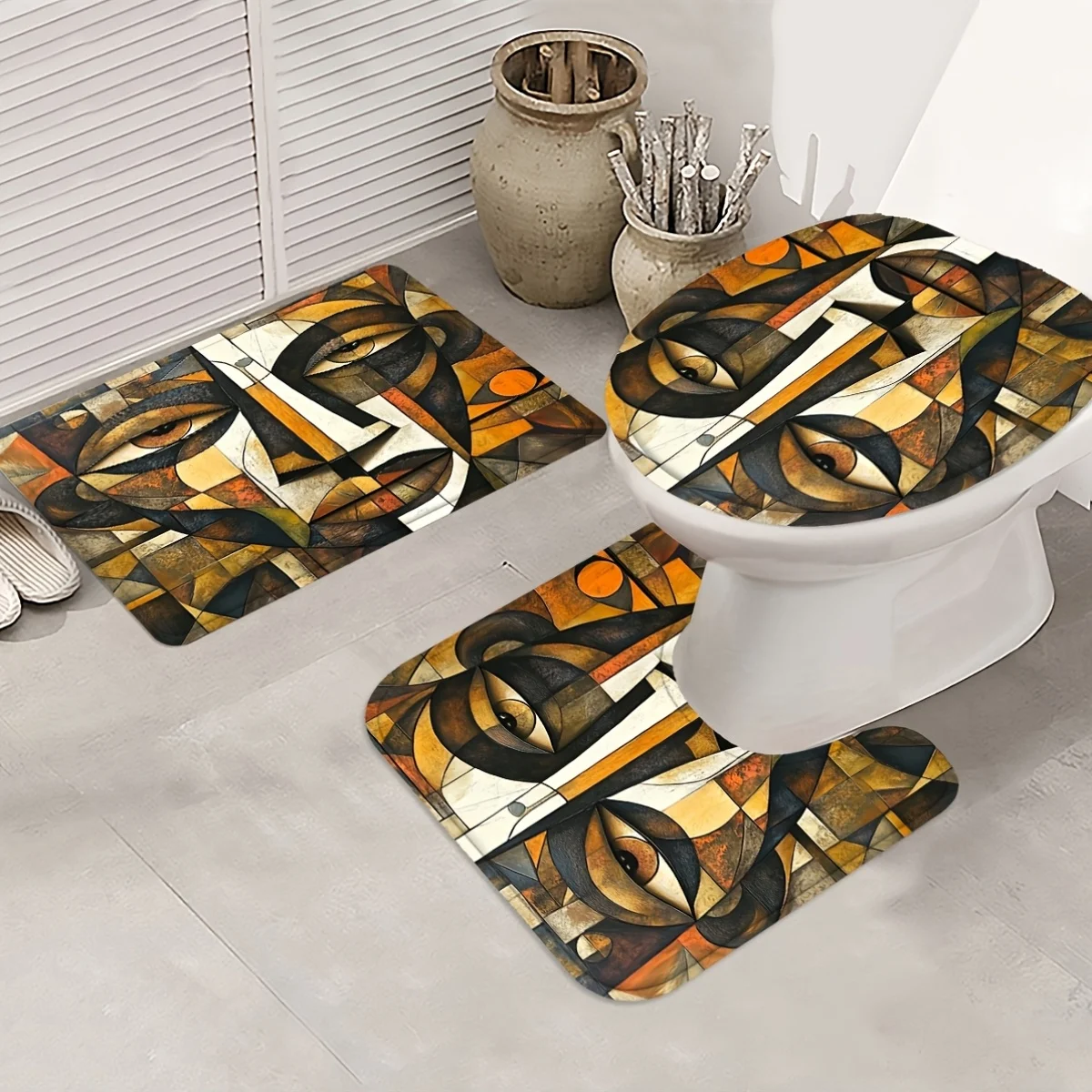 Please do not place order on this link, item will not be dispatched.Abstract Cubism Face 3Pcs Bathroom Mat Set Modern Art Non Slip Bath Rug