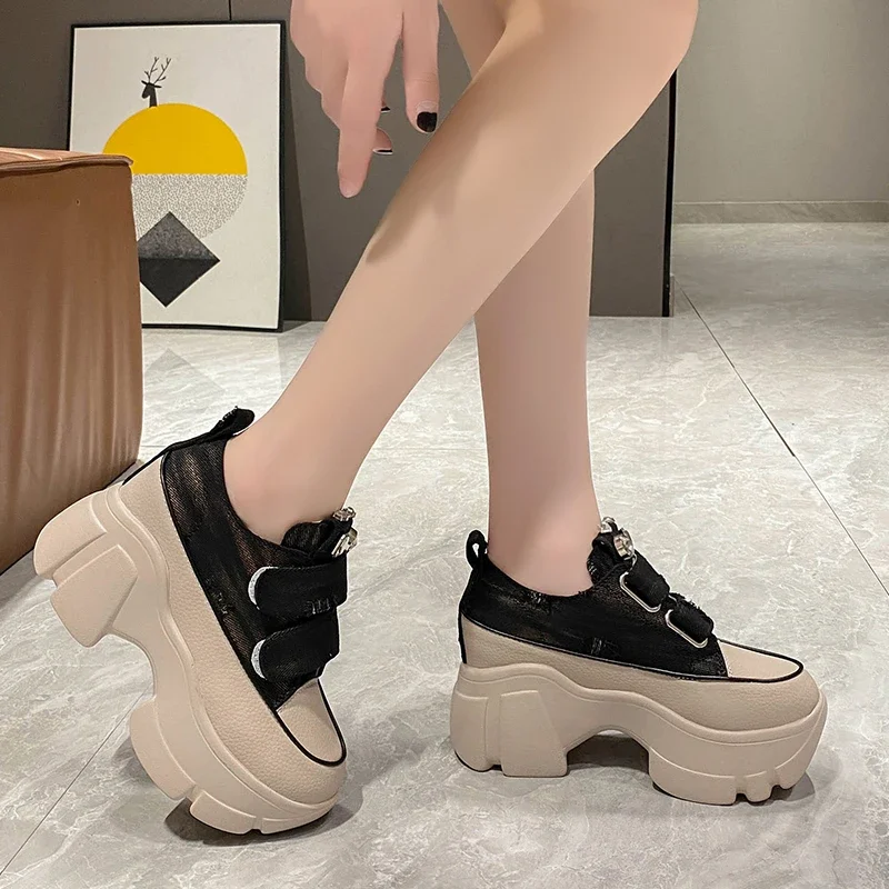 New Fashion Crystal Denim Platform Wedge Casual Spring Summer Autumn Comfy High Brand Chunky Sneakers 9CM Hidden Heels Shoes