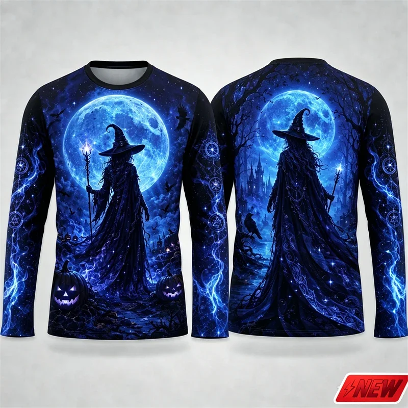 Men's Blue Moon Witch Long Sleeve Tee Halloween Castle Crow Pumpkin Graphic Crew Neck Night Fantasy Casual Party Streetwear Tops