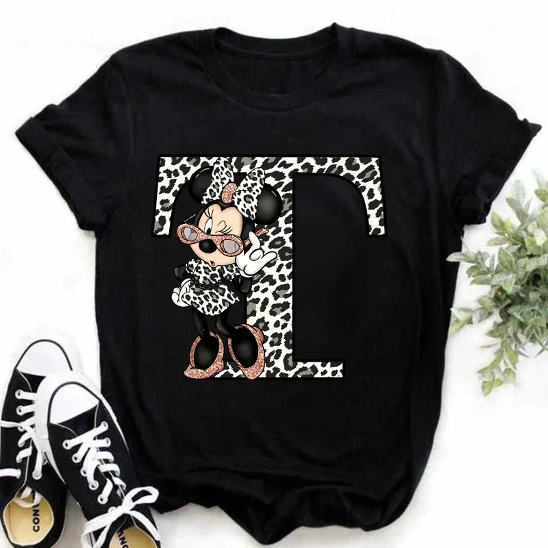 Minnie Mouse Disney A-Z 26 English Letters Children T-shirts Casual Harajuku Print O-neck Short Sleeve Summer Girl Tee Shirt