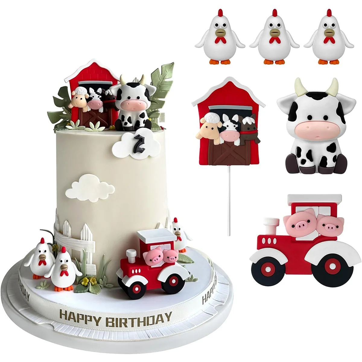 

6 PCS Farm Cow Chicken Train Cake Toppers, Cartoon Animal Cake Topper Decorations for Birthday Party Baby Shower Decor