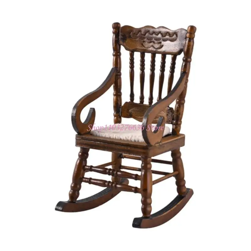 R6FD Small Wooden Rocking Chair Model Figurine Dollhouses Scene Decoration 1/12 Scale Miniature Furniture Landscape Accessory