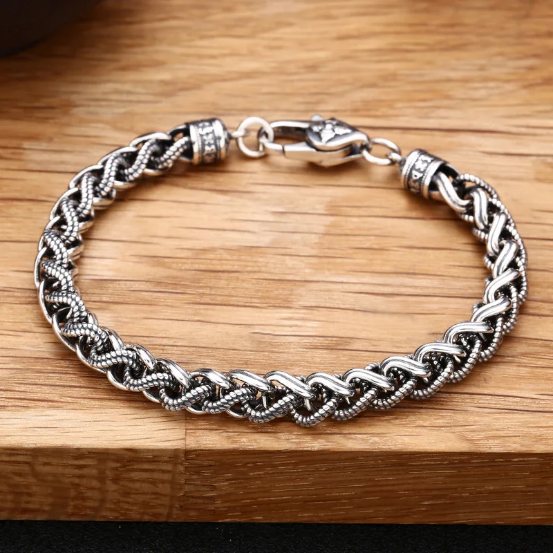 

925 sterling silver braided rope silver bracelet men's thick stylish thai silver retro distressed trendy jewelry