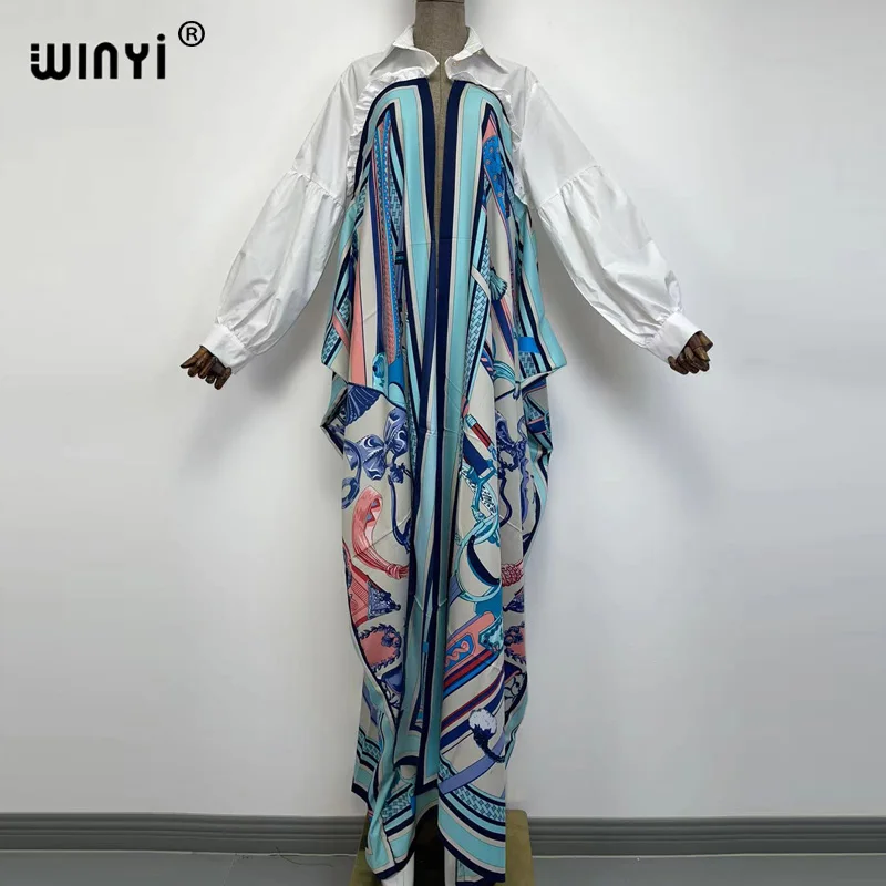 WINYI cardigan For Women Casual long Sleeve Beach Dresses Women's autumn winter Holiday Sundress fashion print Long Dress Robe