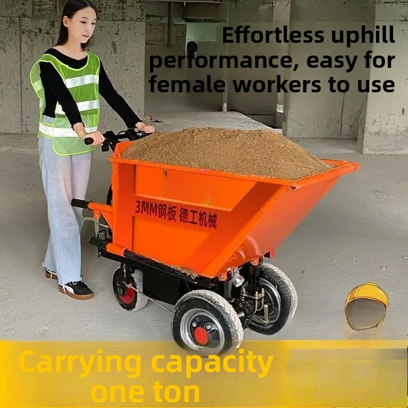 

Electric trolley, gray bucket truck at construction site, three-wheel tipping bucket tool truck, handling and pulling manure,