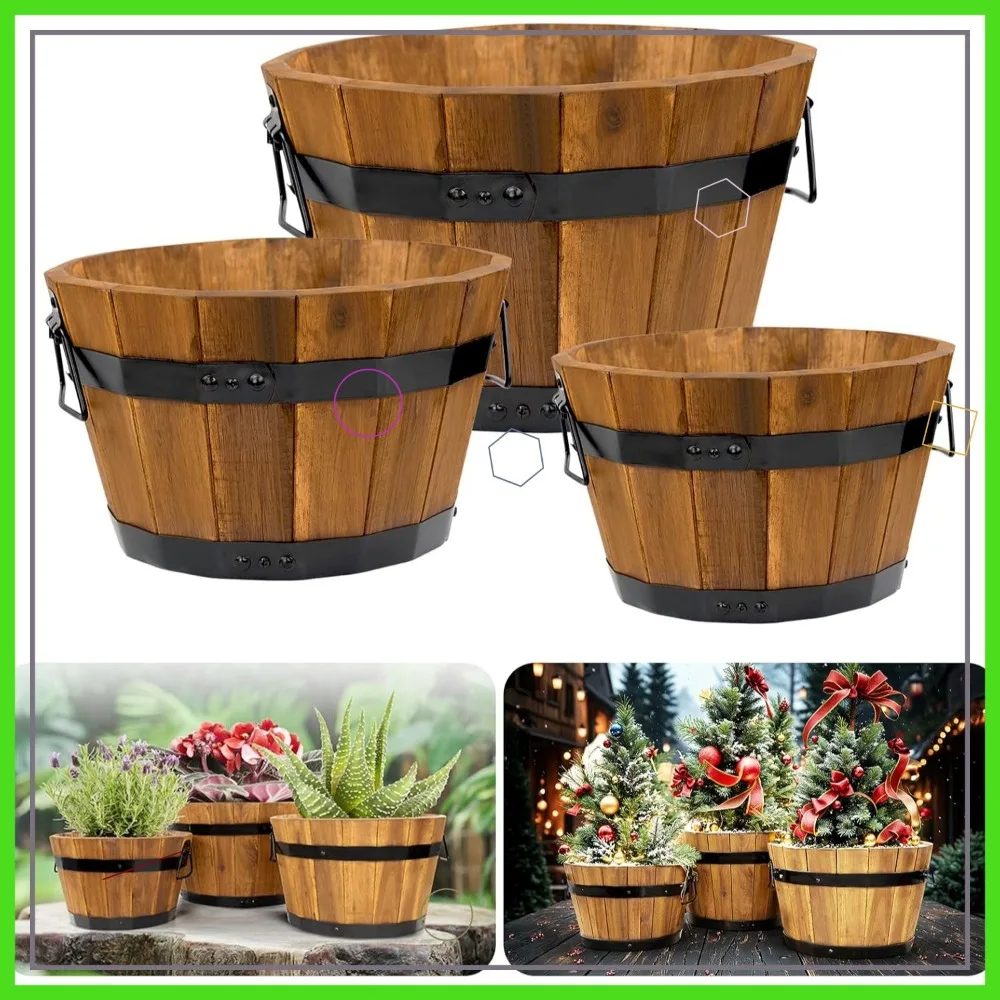

Set of 3 Wooden Flower Boxes, Durable Acacia Wood Planters with Handles and Drainage Holes for Outdoor Plants