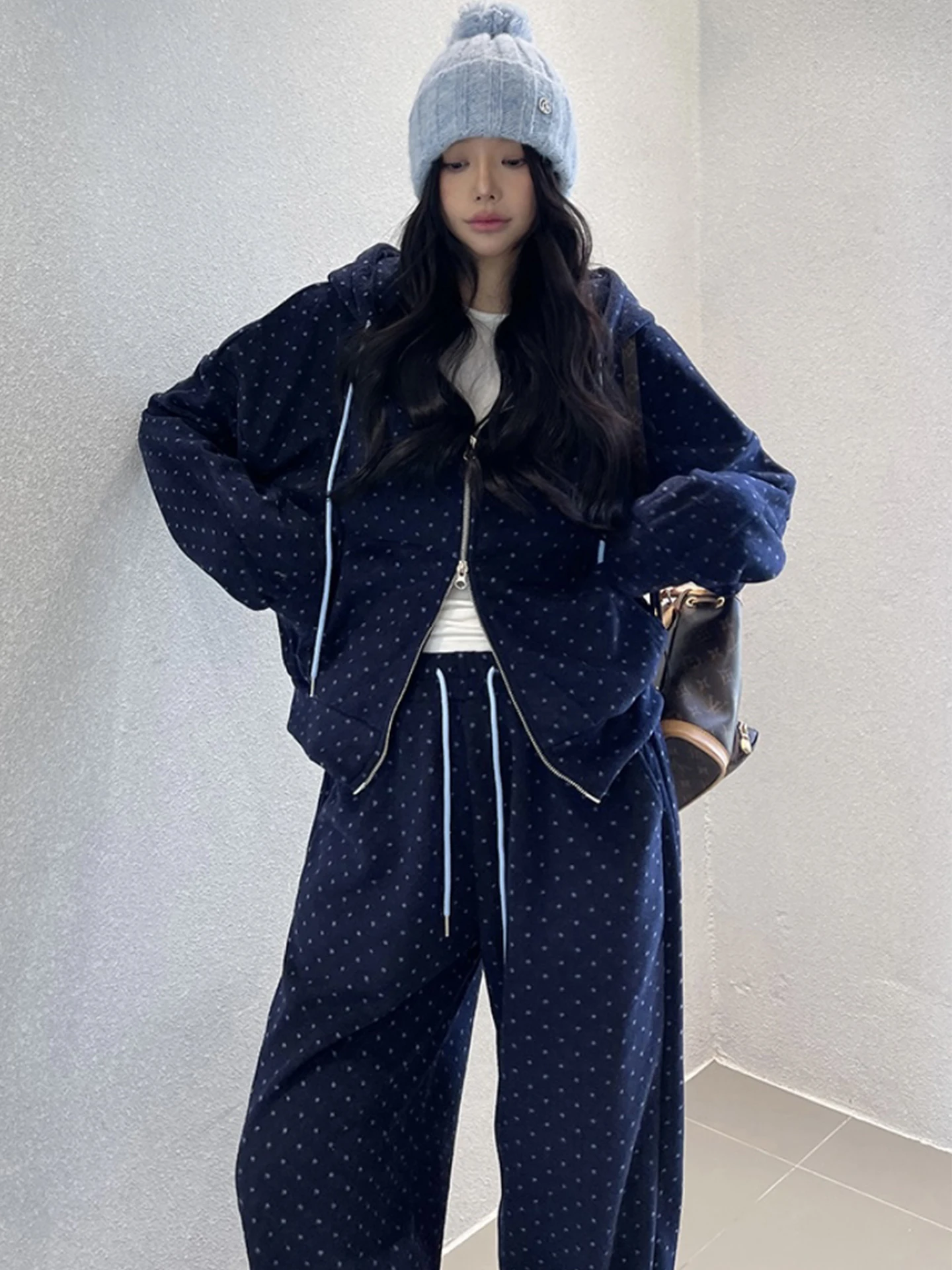 

Антивозрастная цветная толстовка в горошек в стиле ретро, женские зимние новые повседневные длинные брюки с высокой талией, комплект из двух предметов