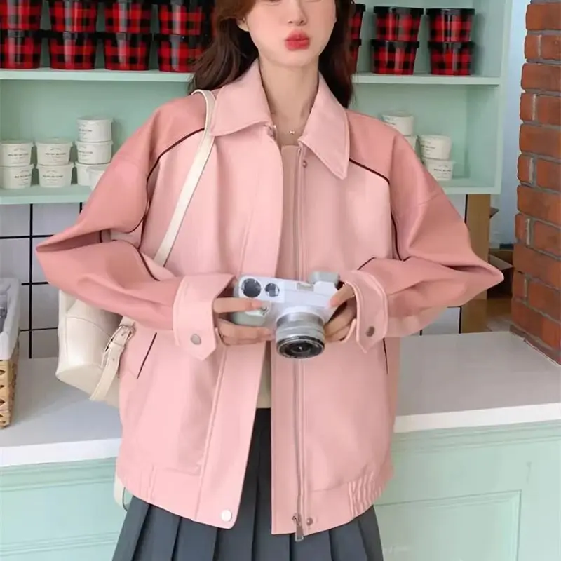 Veste courte en cuir pour femme, manteau rose, petit et doux, style cool, réduction de l'âge à la mode, WF, printemps et automne, nouveau, 2024