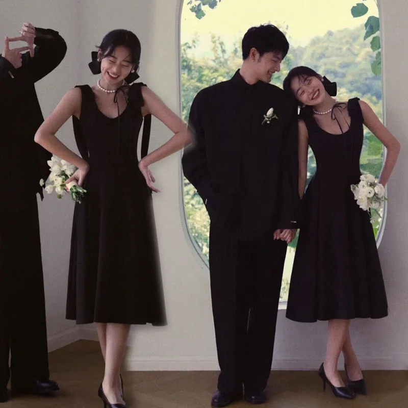 

2026 New Sweet Style Short Skirt Wedding Dress Couple Photo Studio Black Simple Ceremony Dress Women's Fashion Ethnic Costume