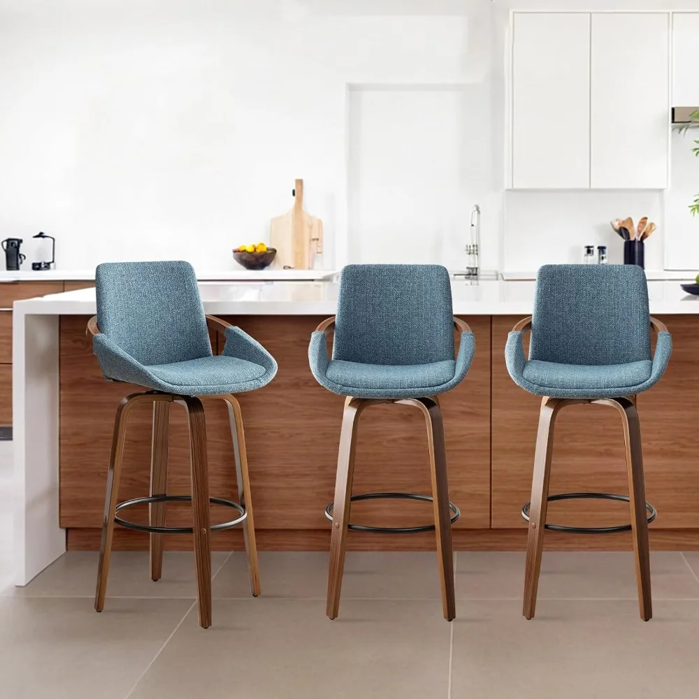 25.6" Counter Height Barstools Set of 3 Mid Century Modern Retro Bar Chairs Charcoal Blue Linen Look Fabric Upholstered