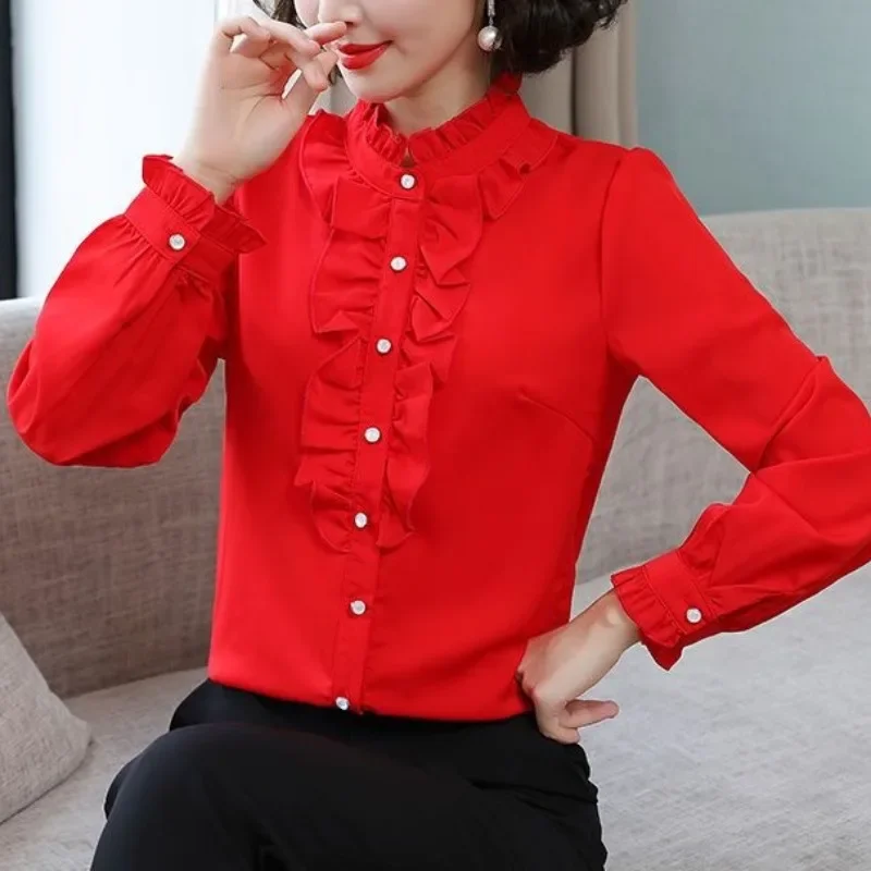 

Spring Autumn Women's Clothing Standing Collar Patchwork Button Ruffles Solid Color Fashion Commuter Long Sleeve Chiffon Shirt