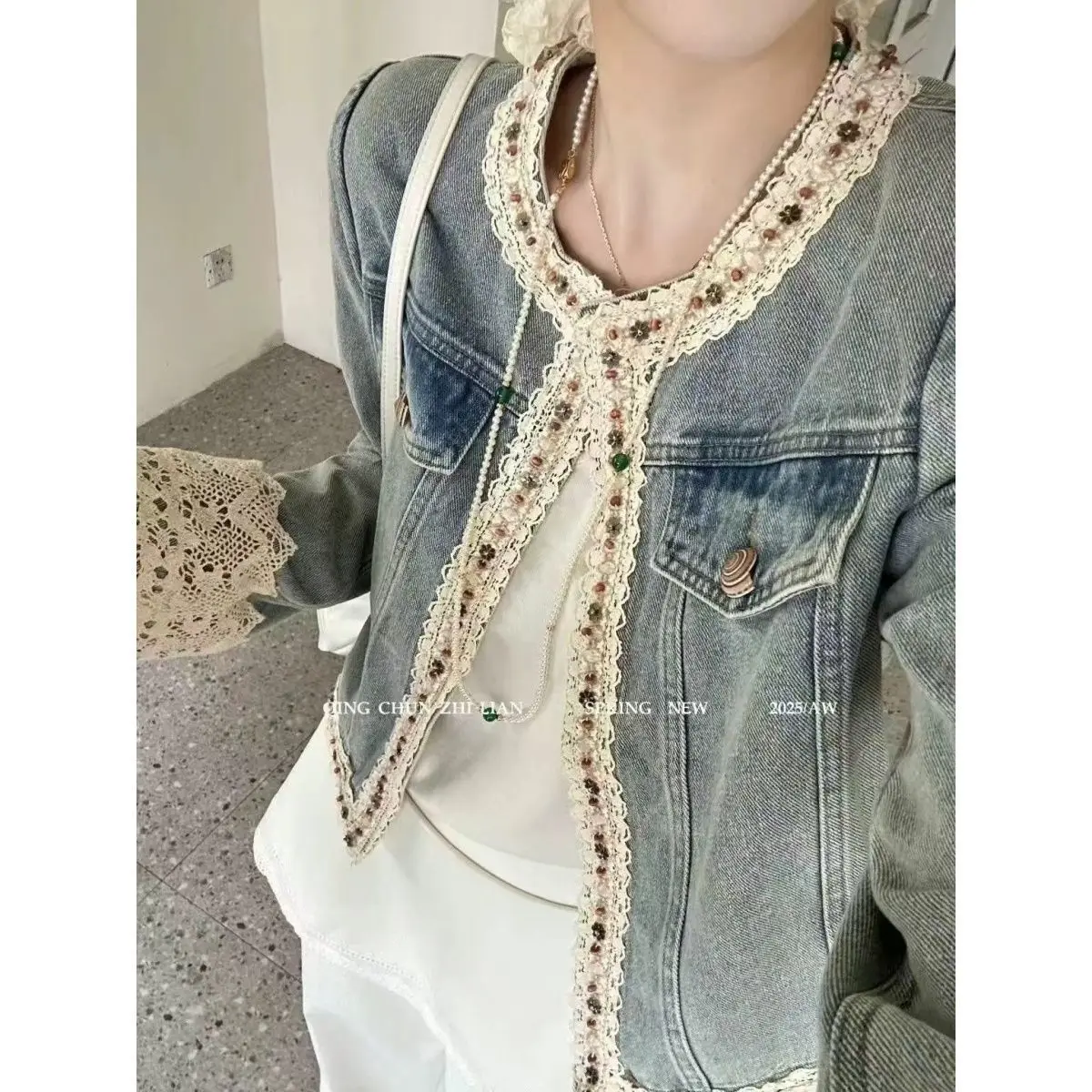 

Tinaa Patchwwork Lace Denim Coat 2026 Stylish Cropped O Neck Long Sleeve Casual Commuting Retro Washed Denim Jackets 195079