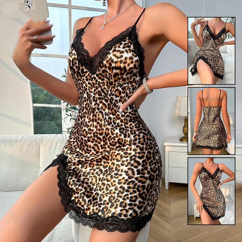 Mulheres cintas de espaguete leopardo camisola renda sexy sleepdress camisola cetim lingerie define roupas de casa feminina