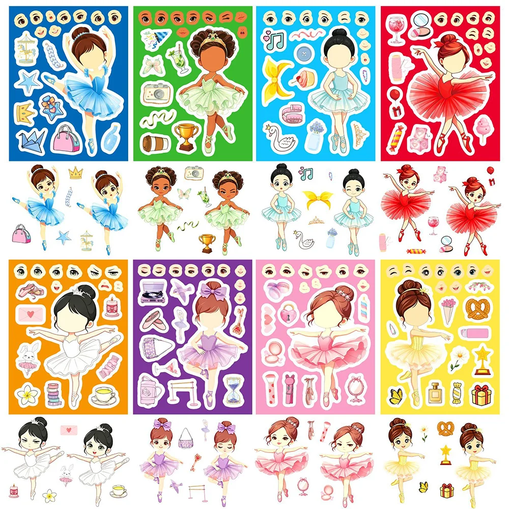 8/16Sheets Cartoon Ballet Girl Making Face Puzzle Stickers DIY Notebook Children Educational Toys Waterproof Party Gift Stickers