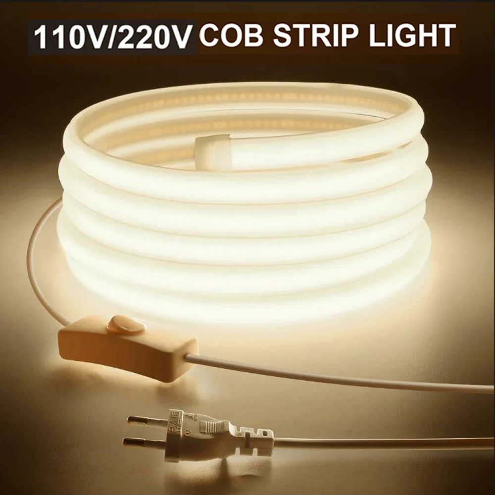 110V COB LED Strip Light 220V 288LEDs/m Elastyczna zewnętrzna taśma neonowa LED z włącznikiem ON OFF do oświetlenia lusterka do makijażu Deco