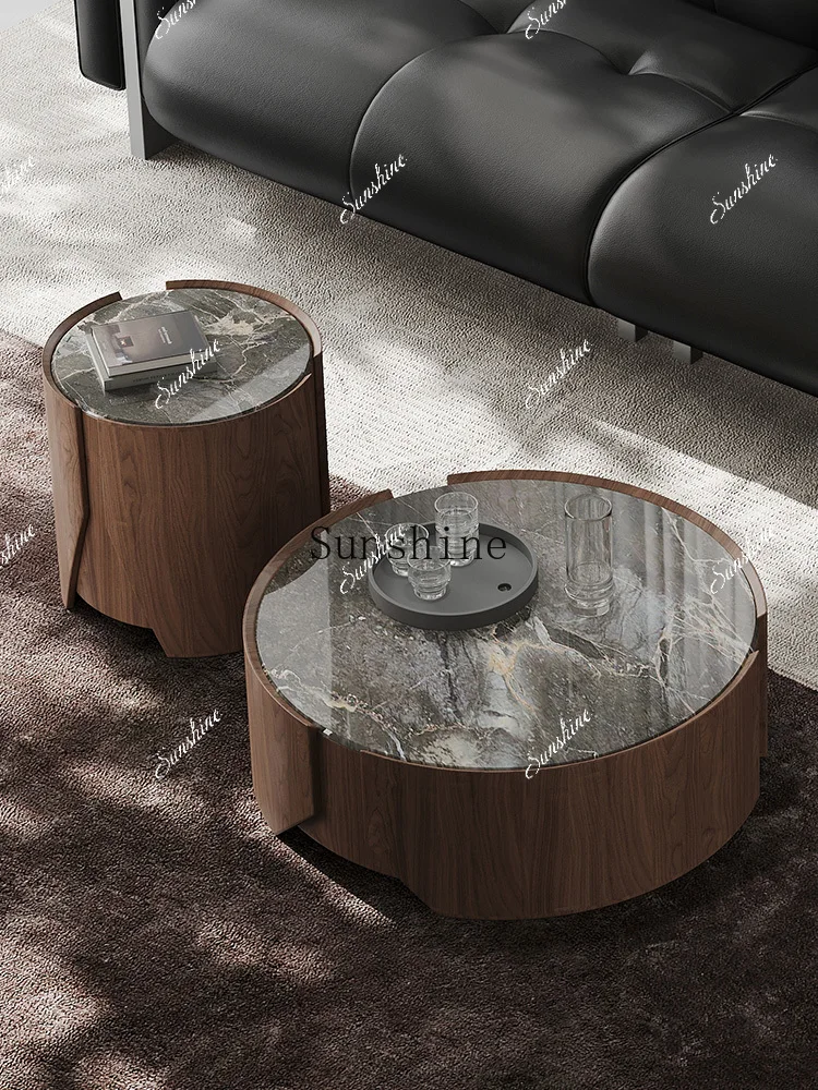 Supercrystalline stone round household living room movable solid wood rock slab coffee table  FT