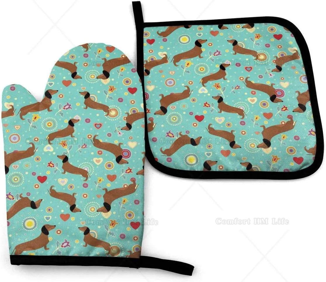 Dachshunds on Turquoise Floral Background Oven Mitt and Pot Holders 2 Piece Set Cotton Lining Waterproof Kitchen BBQ Oven Gloves