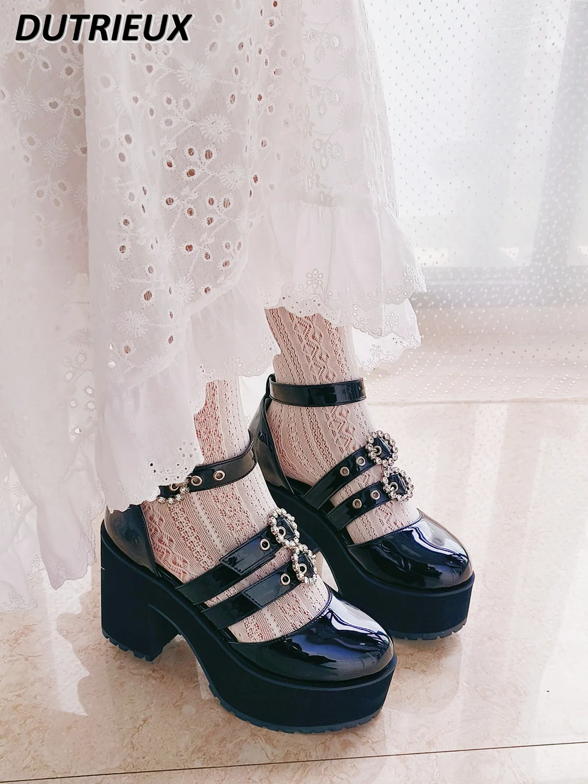 

Japanese Style Sweet Girl JK Chunky Heel Platform Women's Shoes Rhinestone Buckle Mary Jane Lolita Mine Black Sandals