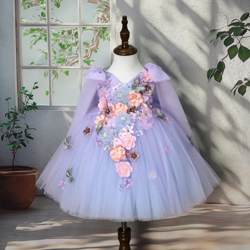 Purple Handmade 3D Applique Tulle Dress New Kids Party Celebration Gown Eid Gifts Clothing Baby Girl Gown Princess Dress Formal