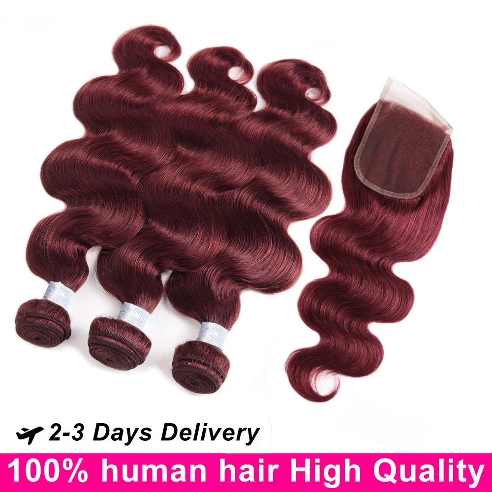 4x4 Closure With Bundles 99J Burgundy Body Wave 2 3 4 Bundles With Closure Red Wine Peruvian Human Hair Bundle With Lace Frontal