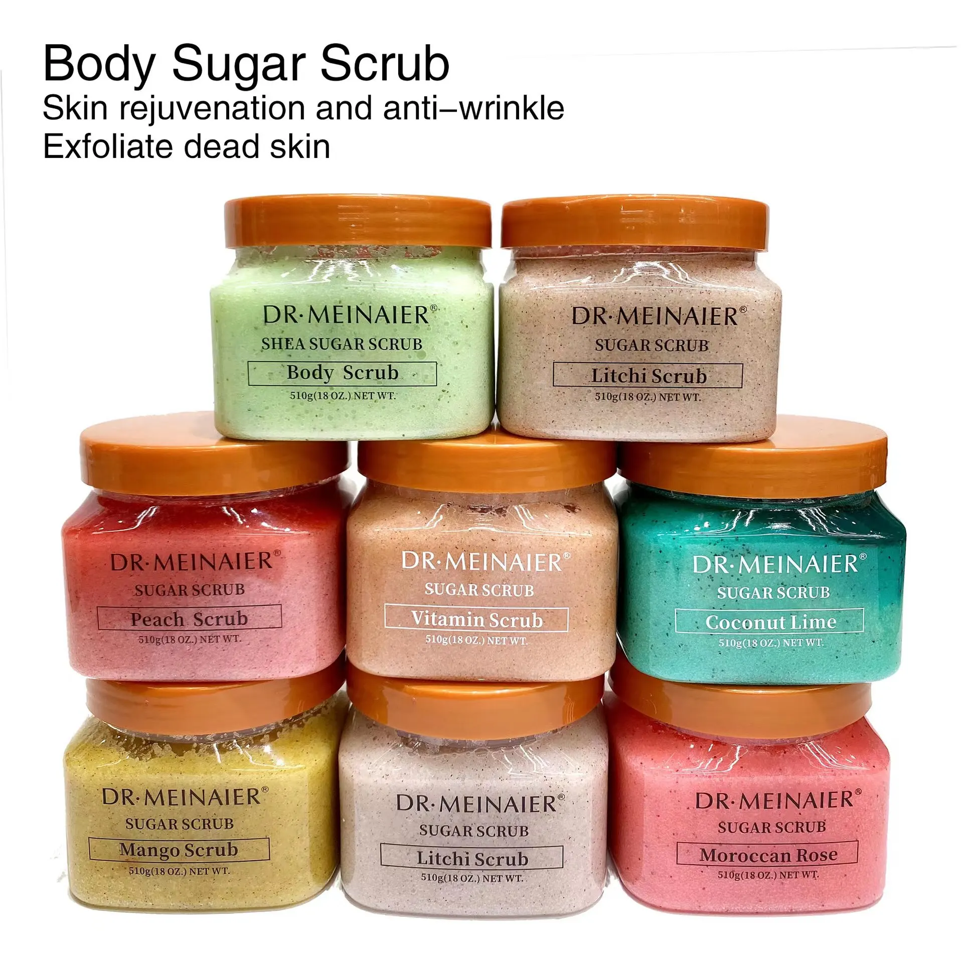 Sherbet Bodyscrub Skin Care Exfoliating Whitening อินทรีย์พีชผลไม้เกลือ Shea Sugar Body Scrub OEM ฉลากส่วนตัวธรรมชาติ