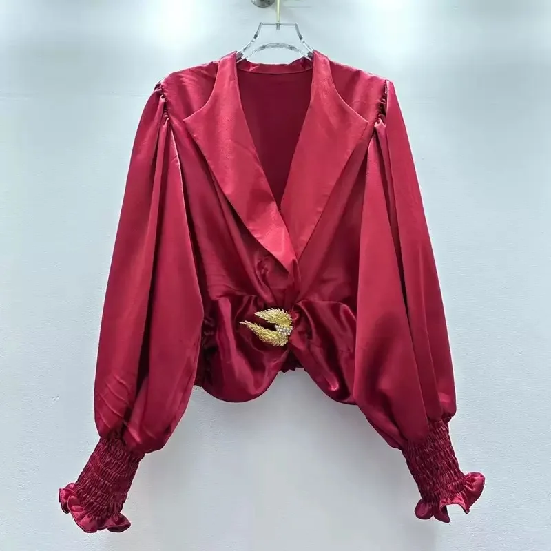 

Ele Vintage Women's irt Design Sensation Small ence Waist Inward Folded Design Long Sve V-Ne Polyester Fiber