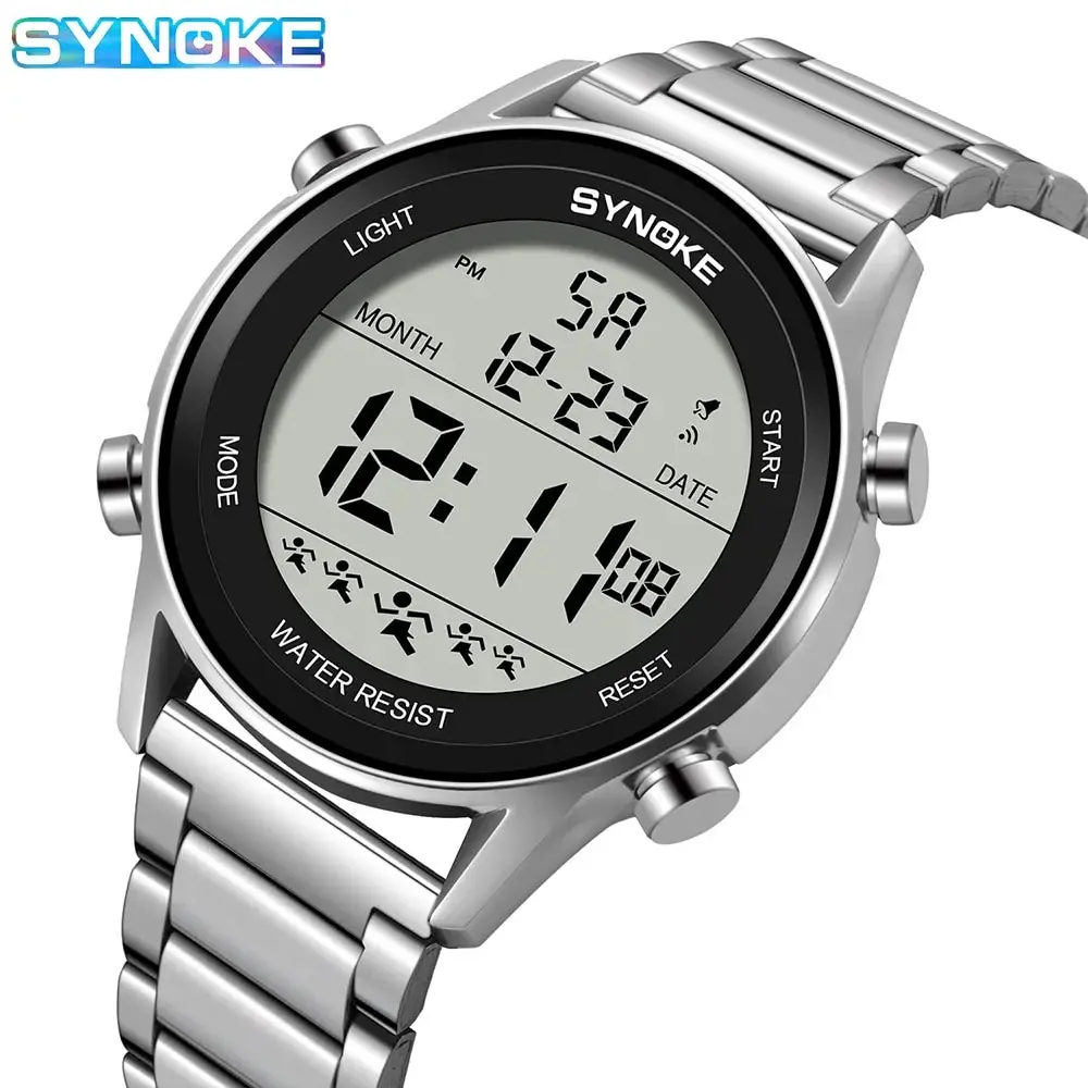 SYNOKE Top Luxury Stainless Steel Strap Sport Watches Mens Waterproof Back Light Digital Wristwatch Male Alarm