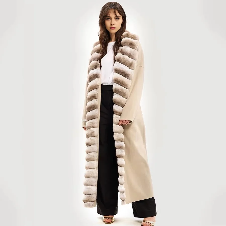

Real Cashmere Coat Winter Wool Coat Women Clothing New Arrivals Natural Rex Rabbit Fur Collar Long Wool Fur Jackets