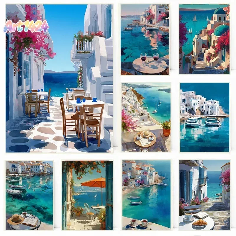 1pc frameless Greek Harbour Seaside Landscape Poster Coastal Aegean Mediterranean Canvas Painting Wall Art for Living Room Ho