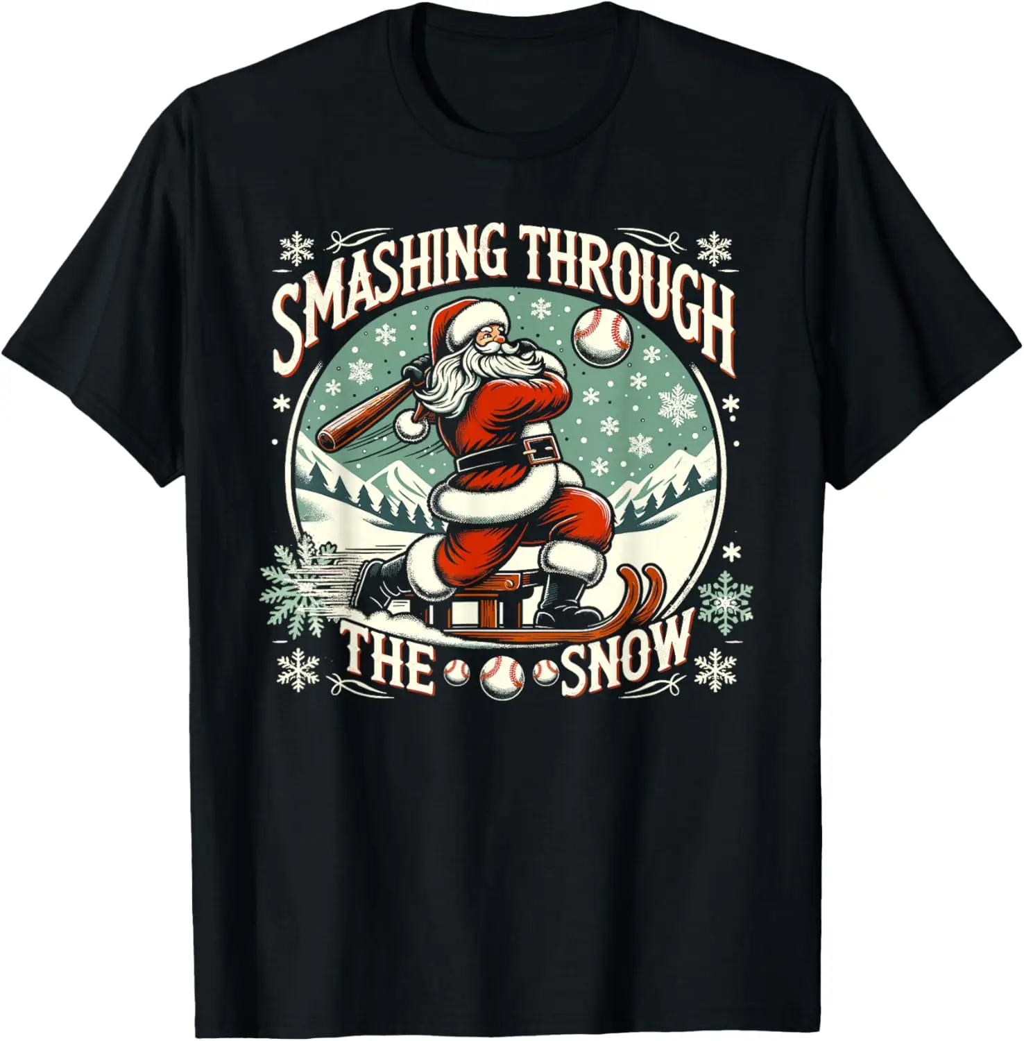 Santa Baseball Smashing Through The Snow Graphic Tee Christmas Gift Cotton T-Shirt