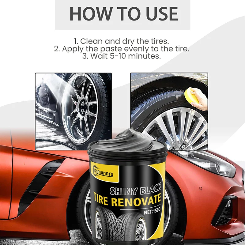 Car tire care paste, wheel rust cleaner, stain remover, retreading, shine enhancement, and tire coating. It can quickly improve