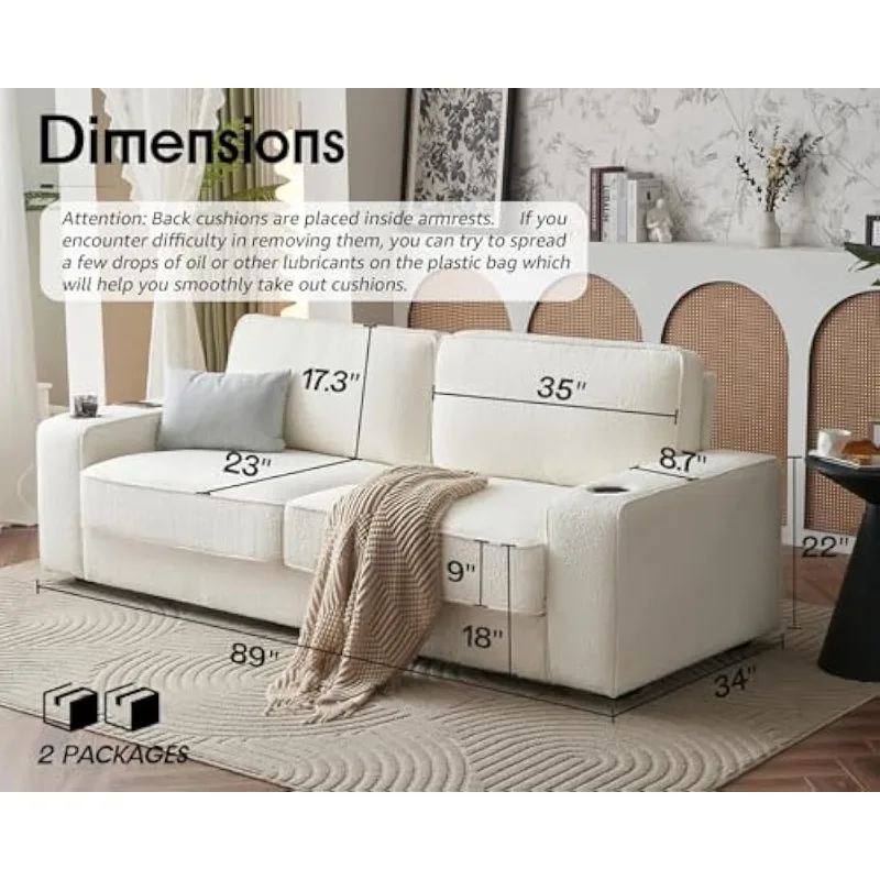 Comfy Couch, 89 inch Deep Seat Sofa with USB Charging Ports & Dual Cup Holder, Modern Sofa Couch- Offwhite Bouclé Couch