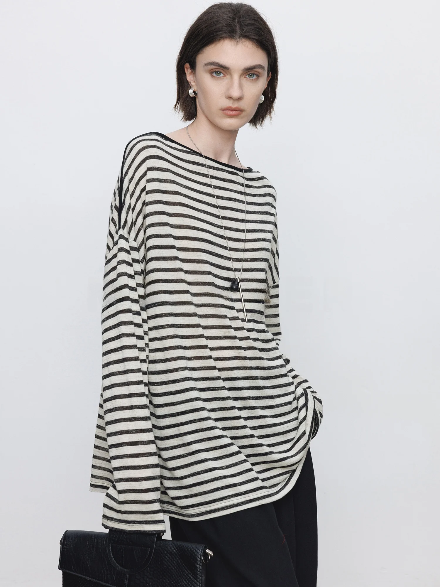 

Свободная полосатая футболка с длинным рукавом и круглым вырезом для женщин, повседневная, весна 2026, новинка, универсальный базовый слой