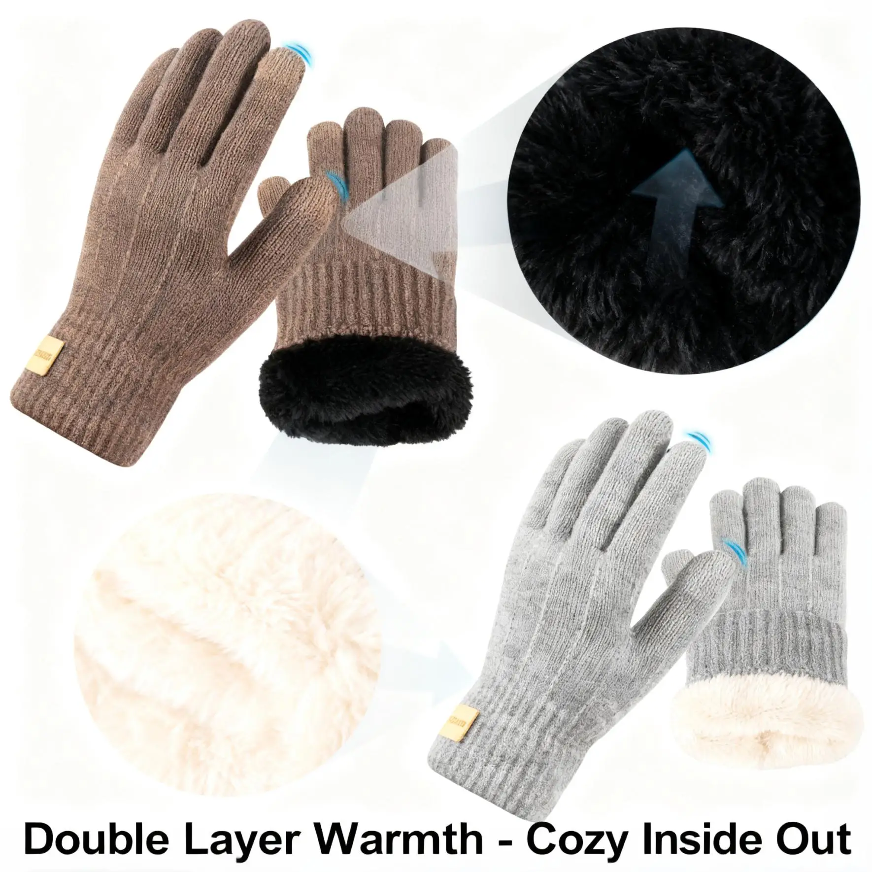 

2 пары модных зимних перчаток с сенсорным экраном, теплые вязаные перчатки на флисовой подкладке для женщин и мужчин, повседневная носка и праздничные подарки