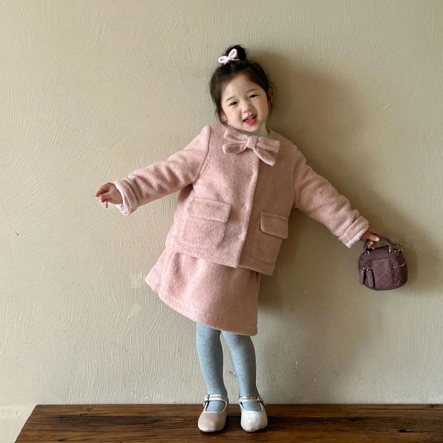 

Woolen Bow Coat and Skirt Two Piece Set Autumn and Winter New Korean Solid Color Temperament Cute, Sweet and Fashionable Set